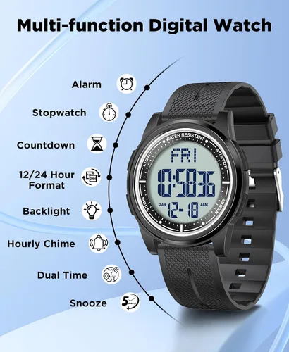 Vista 4 de Beeasy - Reloj digital de pulsera resistente al agua con cronómetro, alarma, cuenta regresiva, doble zona horaria, ultrafino, pantalla angular muy