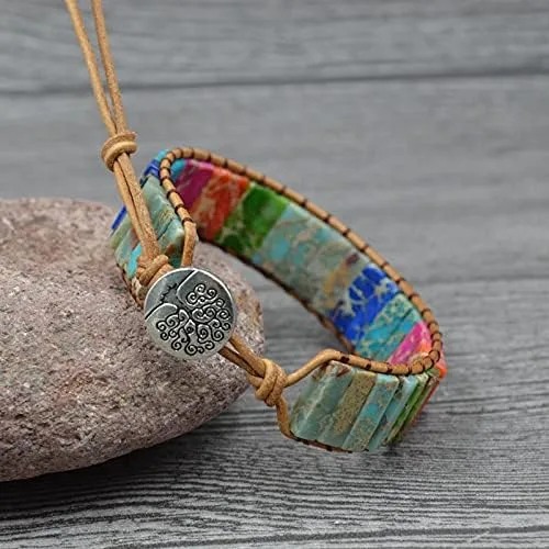 Vista 2 de COLORFUL BLING Pulsera de cuero de chakras, hecha a mano, con girasol, flor de piedra real, el árbol de la vida, pulseras de yoga curativo, tejido