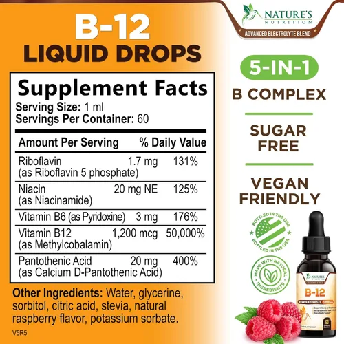 Vista 2 de Gotas de vitamina B12 – Complejo súper B de metilcobalamina extra fuerte – B-12 gotas líquidas para apoyo inmunológico, energía, salud cardíaca