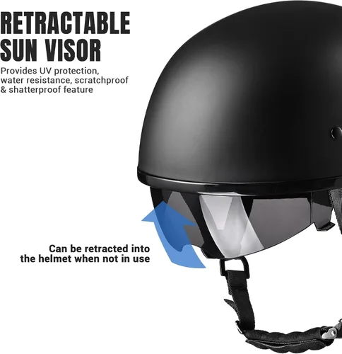 Vista 6 de AHR Half Helmet with Sun Visor, Quick Release Buckle Half Face Warrior Negro mate con visera