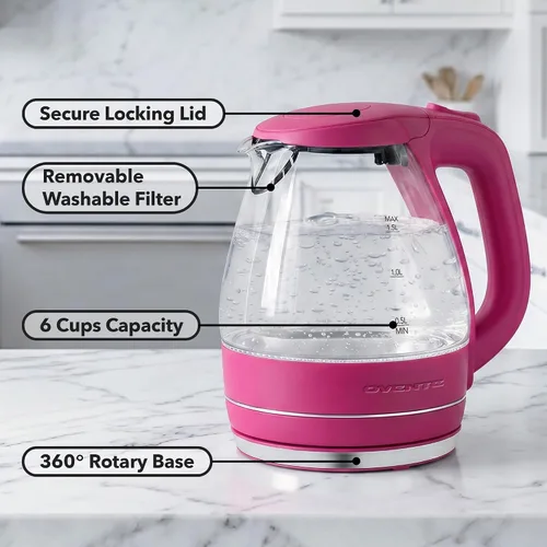 Vista 2 de OVENTE Hervidor Eléctrico, 1.5L de Vidrio de Borosilicato para Encimera, Calentador y Hervidor de Agua para Café o Té, Libre de BPA, Apagado Rosa