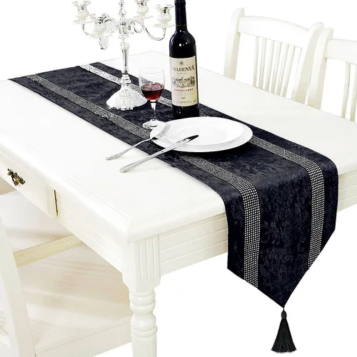 Vista 14 de Jiino Camino de mesa de 13x72 pulgadas, negro, con lentejuelas y strass, para decoración de mesa de comedor, 33x180cm
