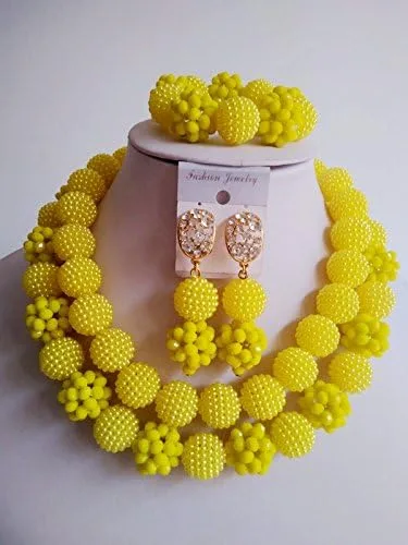 Vista 2 de Boda de Nigeria África Beads opaco amarillo vidrio nupcial conjuntos de joyas