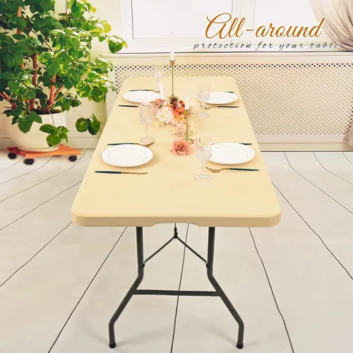 Vista 6 de Paquete de 6 fundas de tela elástica para mesa, color beige, para mesas de 8 pies, protector de mantel rectangular universal lavable y elástico