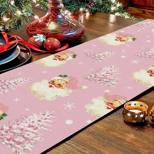 Vista 4 de Camino de mesa de Navidad Papá Noel Árbol de Navidad Copo de nieve rosa, caminos largos para invierno, Navidad, decoración para el hogar, cocina