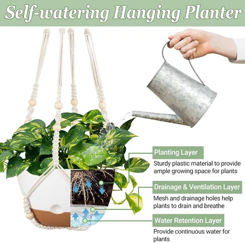 Vista 6 de Mkono Juego de macetas colgantes de 3 a 10 pulgadas para plantas de interior con riego automático, maceta colgante al aire libre con colgadores