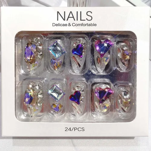 Vista 5 de QQPPOLIU Uñas postizas medianas a presión con forma de almendra, uñas postizas hechas a mano con pegamento con diamantes de imitación grandes 3D