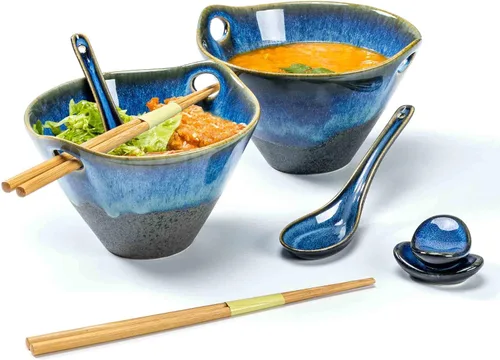 Vista 9 de Henten Home Juego de 2 cuencos de ramen de 20 onzas, cuencos de cerámica japoneses para fideos, cuencos profundos de porcelana con palillos
