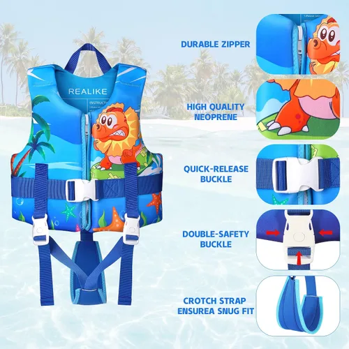 Vista 3 de REALIKE Kids Swim Vest for Toddler Adjustable Safety Strap Swimming Aids for Toddlers Children Float Swimsuit, Suitable for Age 2-10 Years/22-88lbs