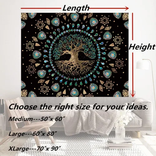 Vista 6 de Tapiz de árbol de la vida para dormitorio, tapiz de mandala hippie estético, naturaleza espiritual, tapices de árbol de abulón y dorado, tapiz