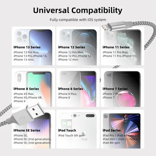 Vista 11 de Cargador para iPhone, paquete de 3 cables Lightning de 10 pies