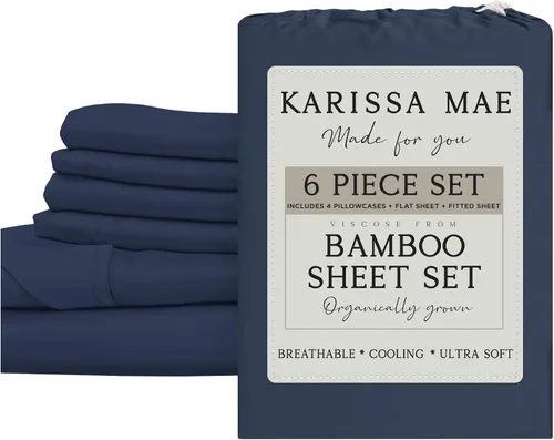 Vista 35 de KARISSA MAE Juego de sábanas de viscosa de bambú de lujo, 100% certificado FSC, refrescante, lujosamente suave, bolsillos profundos de 18 pulgadas