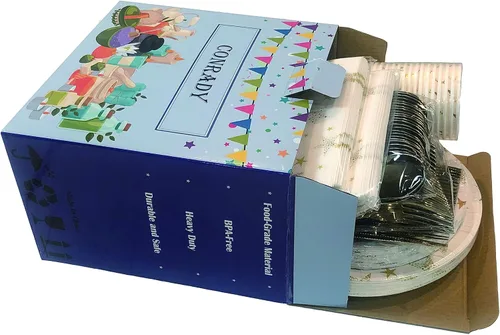 Vista 6 de CONRADY - Juego de vajilla desechable de 200 piezas de estrella dorada, 25 platos de papel, platos de postre, vasos de papel, cubiertos de plástico
