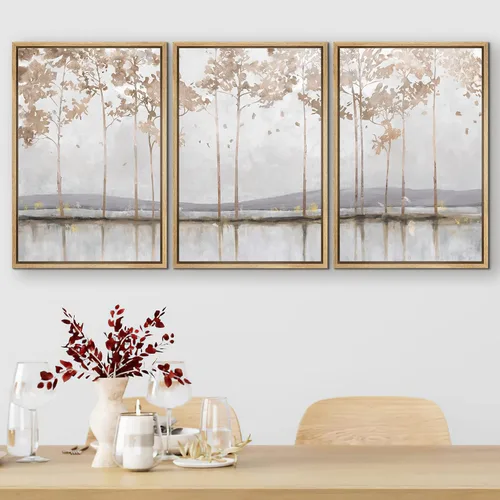 Vista 415 de SIGNFORD - Set de obras de arte en lienzo enmarcado para pared, ilustraciones abstractas de neblina del desierto en tonos neutros beige y marrón