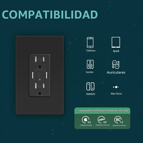 Vista 3 de TOPELER Toma de corriente de carga USB negra de 4.8 A, receptáculo dúplex resistente a manipulaciones de 15 amperios, enchufe eléctrico con puertos