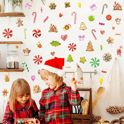 Vista 2 de Adornos de Navidad, calcomanías de pared para despegar y pegar, calcomanías de pared extraíbles de bastón de caramelo, calcomanías de piso de menta