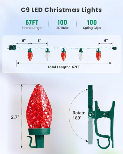 Vista 3 de SURAIELEC C9 Luces LED de Navidad con clips, 67 pies, 100 luces de techo de Navidad para exteriores con clips de resorte, luces de cadena rojas