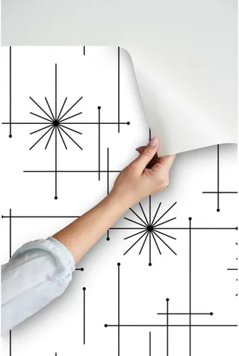 Vista 3 de Papel tapiz para despegar y pegar, diseño geométrico de mediados de siglo, moderno, negro, blanco, monocromático, minimalista, extraíble, por