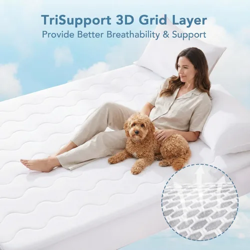 Vista 4 de Protector de colchón refrescante para personas que duermen con calor, tamaño King, impermeable, fresco al tacto BreezeChill, rejilla 3D TriSupport