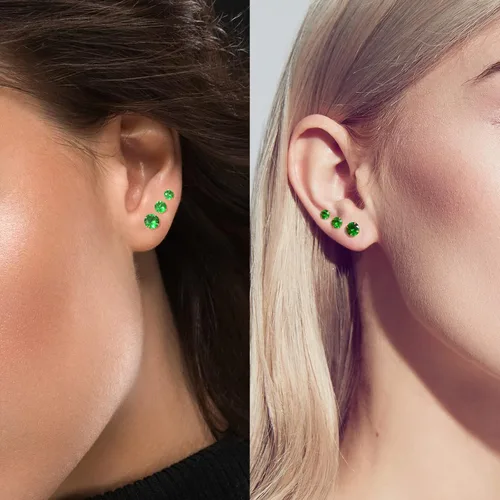 Vista 4 de Aretes de esmeralda chapados en oro amarillo o platino, plata de ley y circonita cúbica verde, aretes de tuerca para mujeres y niñas, joyería