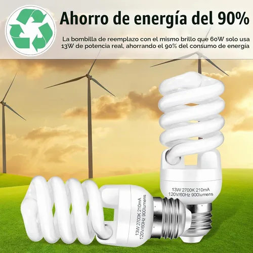 Vista 4 de CFL - Bombillas fluorescentes compactas con base E26, espiral T2 de 13 vatios (equivalente a 60 vatios), color blanco suave, 2700 K, 900 lm