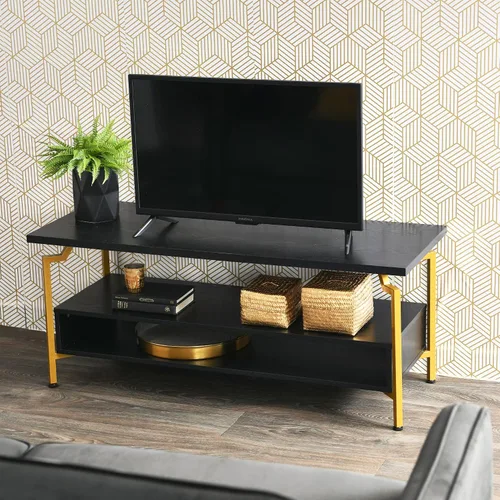 Vista 2 de Household Essentials Crown - Soporte de TV con compartimento de almacenamiento rectangular, grano de madera de roble negro y metal dorado