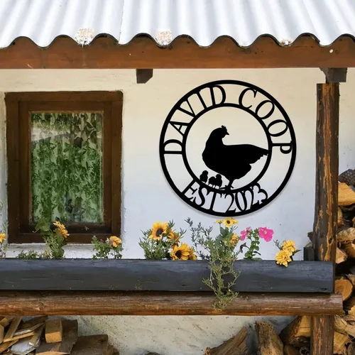Vista 12 de Letrero de metal personalizado para gallinero, letrero de granja de pollo de metal personalizado, familia de pollo, EST, arte de pared, decoración