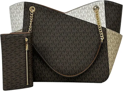 Vista 4 de Michael Kors Jet Set - Cartera de viaje con cadena grande, color marrón, MK, multicolor, color marrón, triple cartera, Marrón