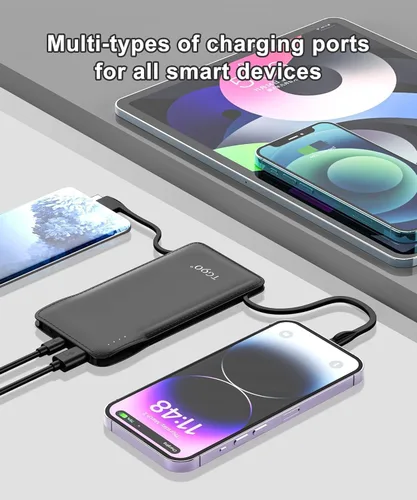 Vista 3 de TG90° Cargador Portátil con Cables Solamente 10000mAh Banco de Energía con Cables Integrados (Sin Enchufe) Batería de Respaldo Paquete de Batería