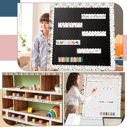 Vista 7 de Borde de anuncios bohemio de 262 pies, 10 rollos, borde bohemio de arco iris para el aula, para tablón de anuncios, decoración de tablero