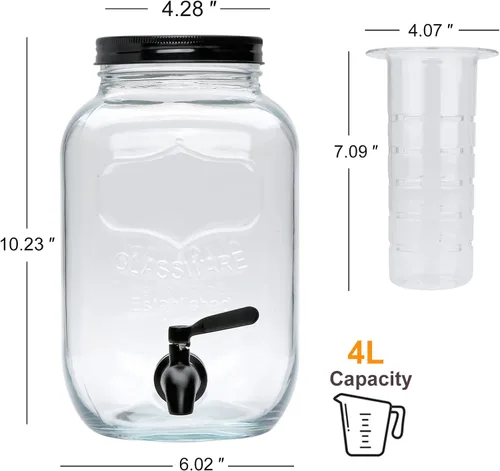 Vista 2 de Accguan Dispensador de bebidas de 1 galón, dispensador de agua de vidrio con tapa de lata negra y grifo de acero inoxidable negro, marco de hierro
