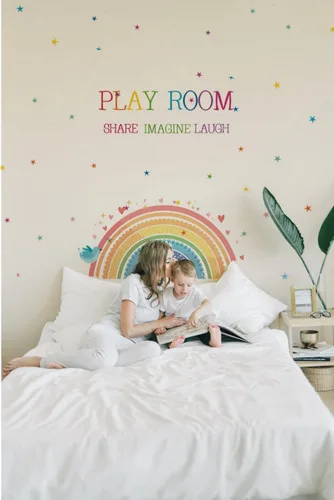 Vista 2 de Calcomanías de pared para jugar con arco iris, divertidas y alegres y vibrantes decoraciones de habitación feliz, calcomanía de pared educativa