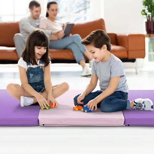 Vista 9 de Goplus Esterilla de Gimnasia Plegable, 6' x 2' x 2'' de Grosor Tri-Fold Esterilla de Ejercicio y Volteretas con Asas de Transporte, Cierre de Gancho