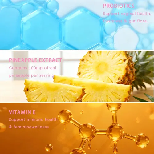 Vista 6 de Gomitas de equilibrio femenino prémium para mujer, sabor a piña hawaiana, equilibrio diario del pH y apoyo de frescura, gomitas veganas sin azúcar