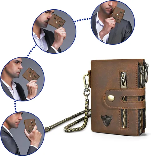 Vista 6 de Genuino caballo loco cuero viaje regalo moneda bolsillo tarjeta caso largo organizador cadena Rfid monedero con broche para hombres hombres 1803