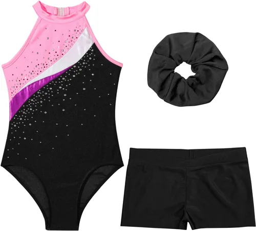 Vista 3 de Kids Girls Ballet Dance Outfits Shiny Sleeveless Gymnastic Leotard with Athletic Shorts Hair Band Tracksuit