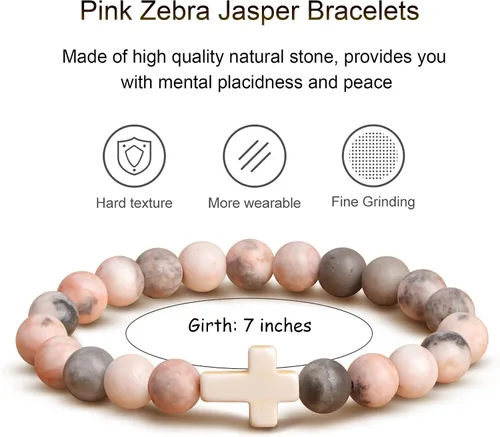 Vista 5 de JoycuFF Regalos Cristianos, Pulseras de Cruz para Mujeres, Joyería Cristiana Católica Religiosa de Fe de Pascua, Pulseras de Piedra Natural