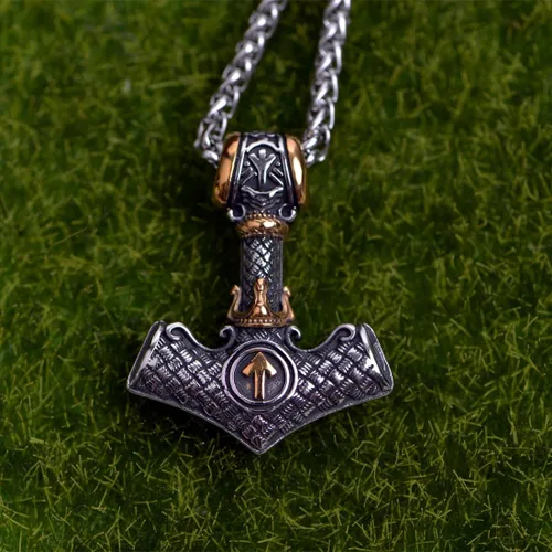 Vista 4 de LANGHONG Collar de martillo de Thor vikingo nórdico Mjolnir para hombre, joyería de talismán