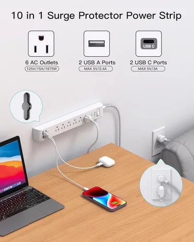 Vista 2 de Paquete de 2 regletas protectoras contra sobretensiones, 6 tomas, 4 puertos USB (2 USB C) cables de extensión de 5 pies de largo, tira de salida