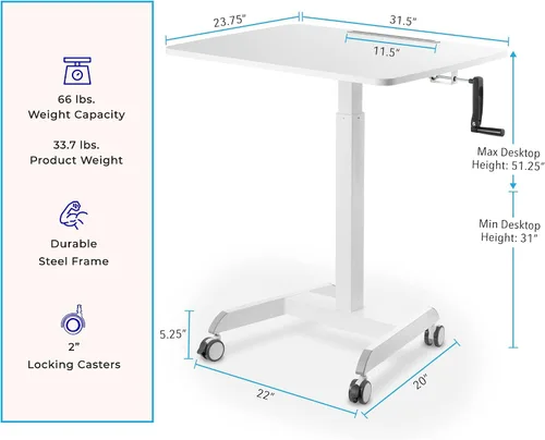 Vista 3 de Stand Steady Cruizer Podio móvil extragrande Escritorio portátil de pie de 31 pulgadas Carrito de computadora ajustable con altura de manivela