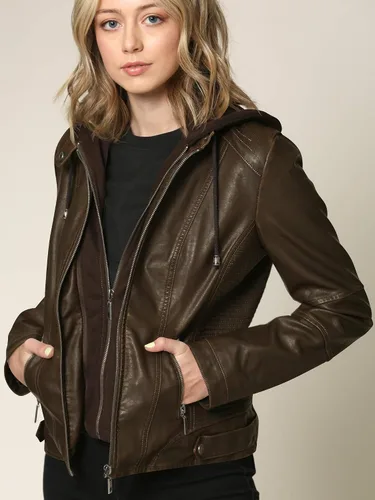 Vista 6 de Lock and Love - Chaqueta de motociclista de piel sintética con capucha desmontable, para mujer