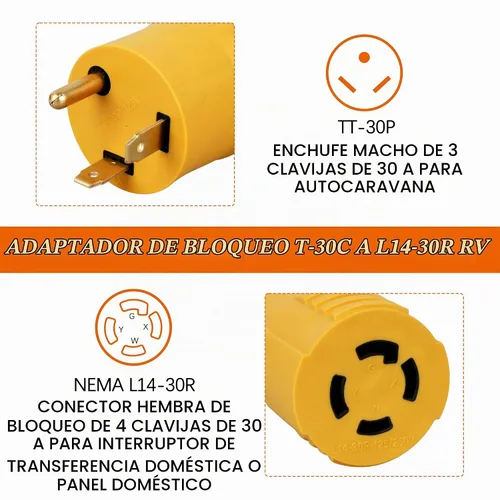 Vista 3 de NEMA TT-30P macho a L14-30R hembra 30 Amp RV adaptador de corriente 125/250