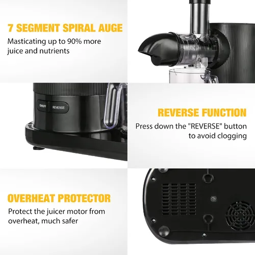 Vista 4 de Extractor de exprimidor lento, exprimidor de prensa en frío, máquina exprimidora de prensa en frío con motor silencioso y función inversa, alto