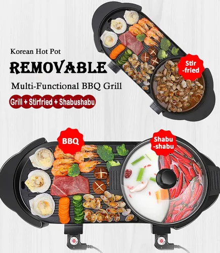 Vista 9 de Olla Caliente con Parrilla, Olla Caliente Eléctrica 2 en 1 Shabu Shabu Olla Caliente Barbacoa Coreana, Olla Caliente Desmontable 1200W / Bandeja