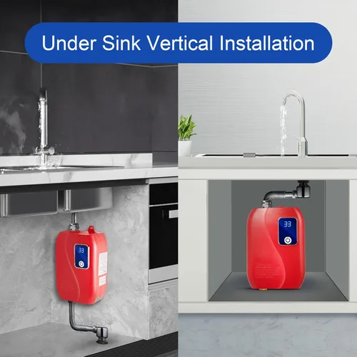 Vista 9 de Calentador de agua instantáneo sin tanque, pequeño, eléctrico, sin tanque, calentador de agua caliente, grifo de lavado de cocina, temperatura