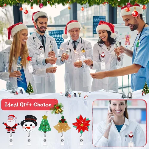 Vista 5 de Yexiya 9 piezas de portacarretes de insignias navideñas de acrílico retráctil con brillos y purpurina, carretes de insignias para días festivos