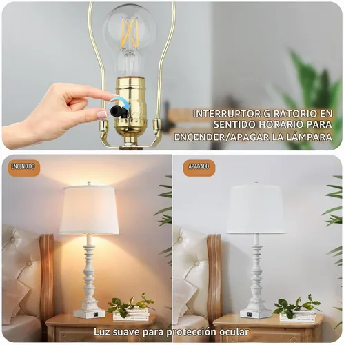Vista 4 de Juego de 2 lámparas de mesa de granja de 27.5 pulgadas, lámparas rústicas de dormitorio para mesita de noche con carga USB doble, lámparas