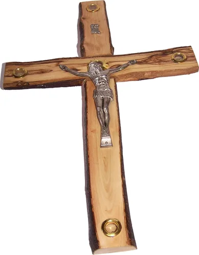 Vista 3 de Holy Land Market Robusto con bordes rústicos/corteza madera de olivo Crucifijo de Belén - Pequeño