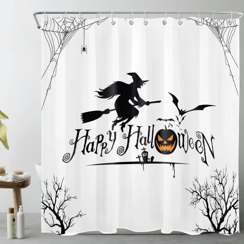Vista 32 de HVEST Cortina de ducha con ganchos, calabaza espeluznante y fantasma con sombrero de bruja negro, juego de cortina de ducha naranja con flores