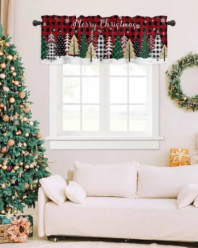 Vista 5 de Cenefa de Navidad para ventanas, cortinas de árbol de Navidad, cenefas con bolsillo para barra, cortinas cortas a cuadros para cocina, sala